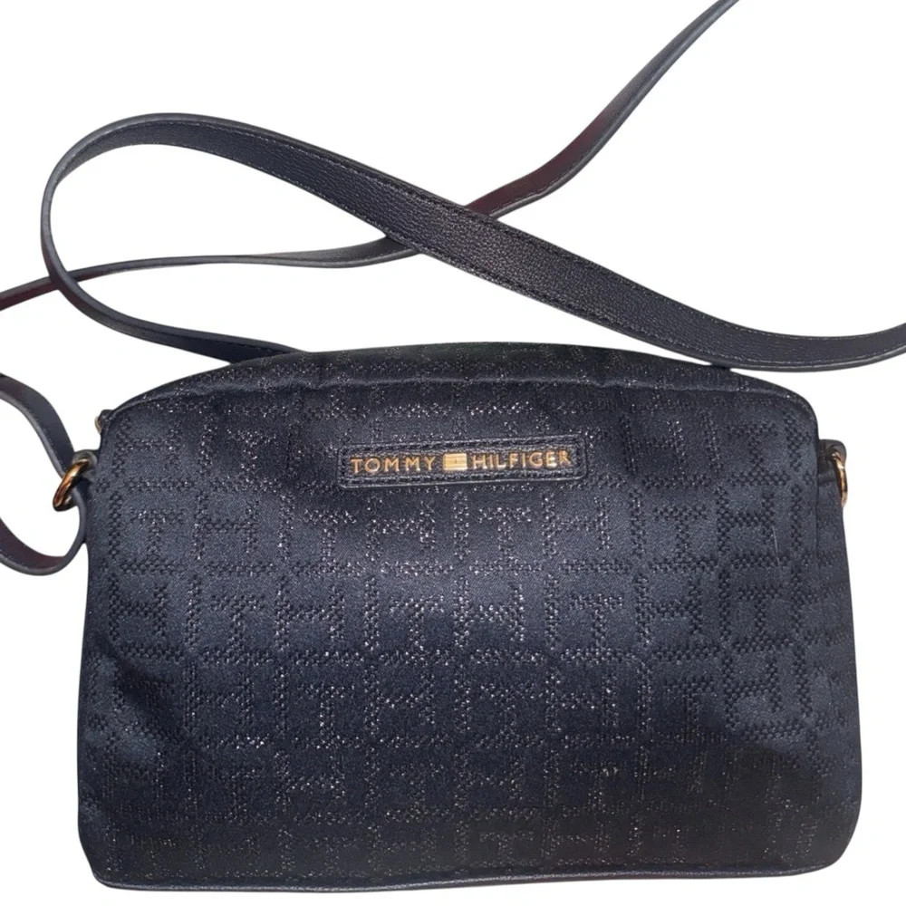 Tommy Hilfiger Dark Navy Monogram Crossbody Bag Adjustable Strap Gold Hardware